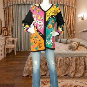 Vintage Sideeffects Loud Rainbow Abstract Art Knit Cardigan Sweater Jumper